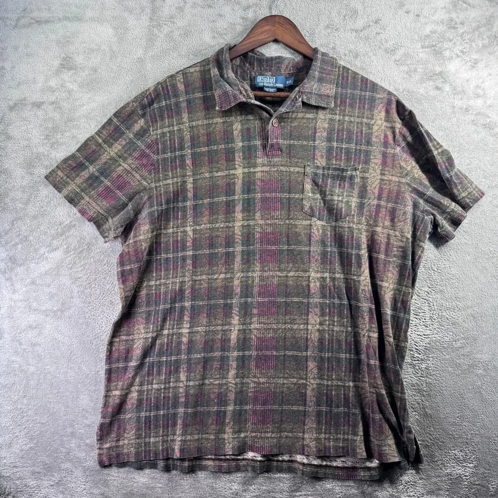 Vintage Polo Ralph Lauren Polo Shirt Linen Blend Mens Size 2XL Plaid Brown Red